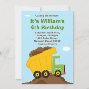 Dump Truck Birthday Party Invitation