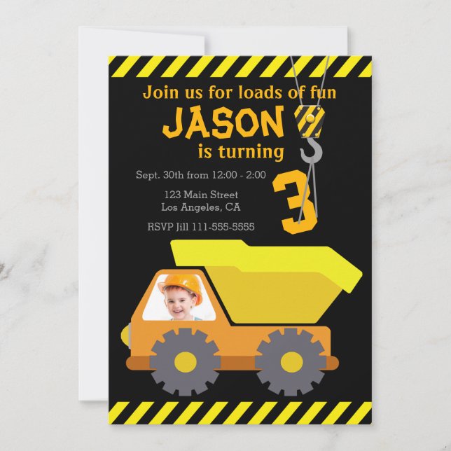 Dump Truck Birthday Party Invitation with Photo (Front)