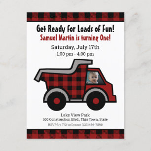 Dump truck Buffalo Plaid Construction Birthday Invitation