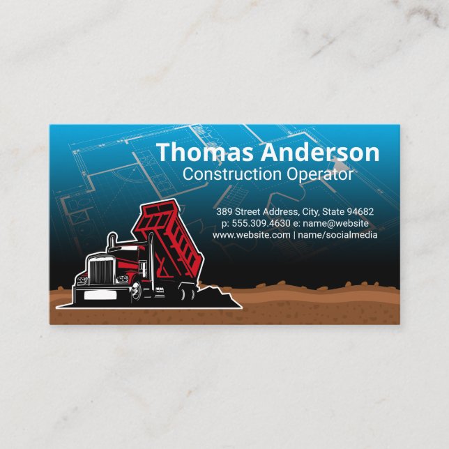 Dump Truck | Construction Blue Prints Business Card (Front)