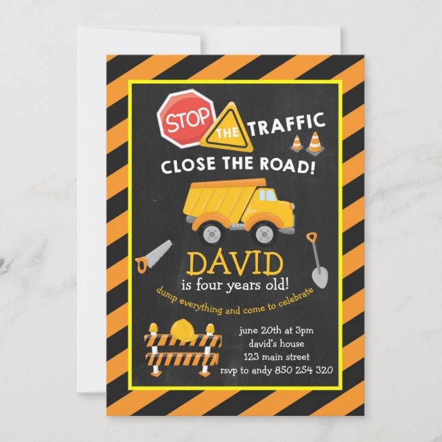 Dump Truck Construction Boy Birthday Party Invitation (Front)