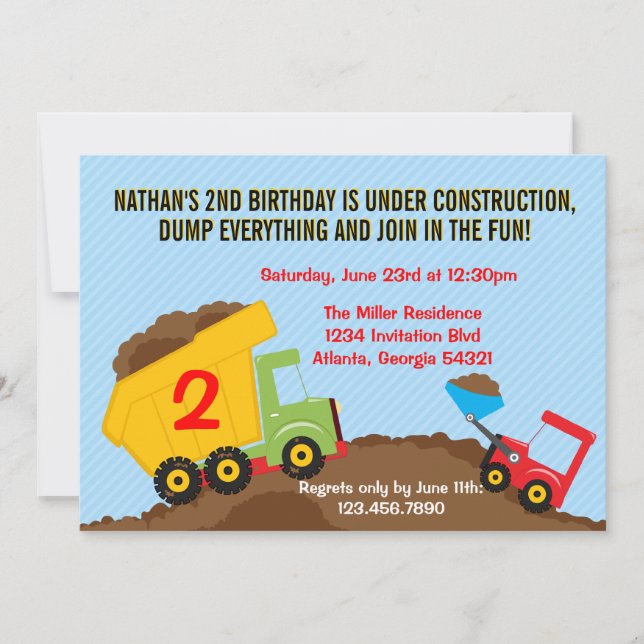 Dump Truck Construction Boy Birthday Party Invitation (Front)