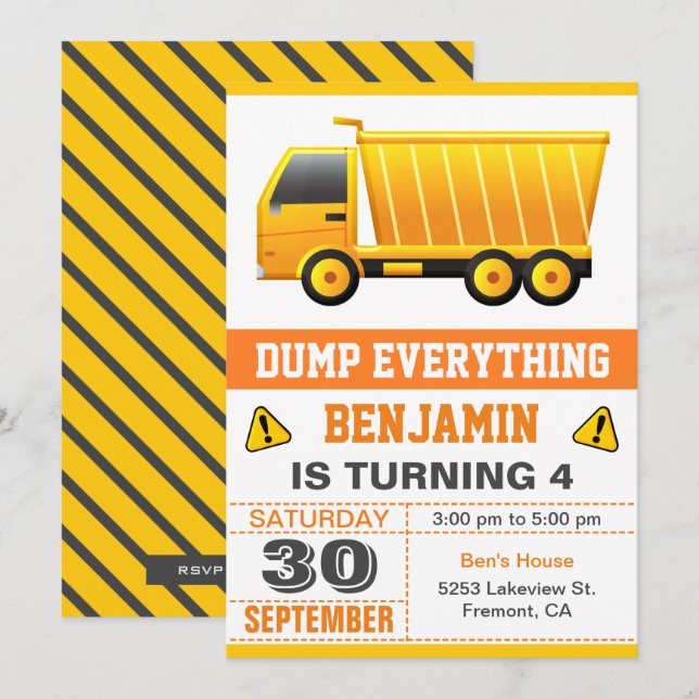 Dump Truck Construction Kids Birthday Party Invitation (Front/Back)