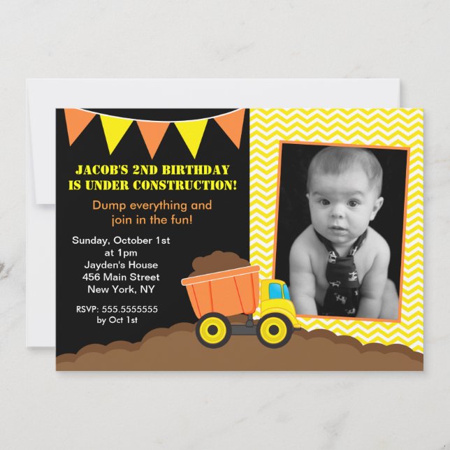 Dump Truck Construction Photo Birthday Invitations (Front)
