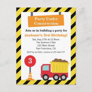 Dump Truck Construction Theme kids Birthday Party Invitation