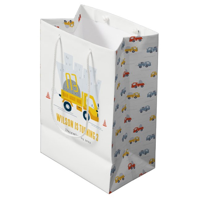 Dump Truck Construction Vehicle Kids Birthday Medium Gift Bag (Front Angled)
