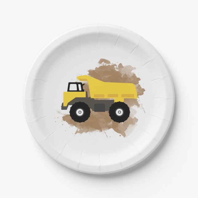 Dump Truck Construction Vehicle Mud Watercolor Paper Plate (Front)