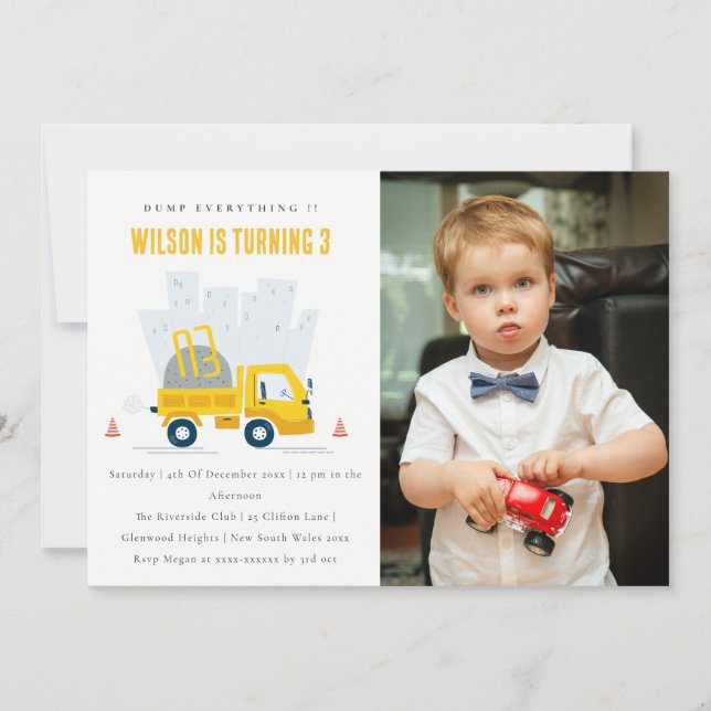 Dump Truck Construction Vehicle Photo Birthday Invitation (Front)