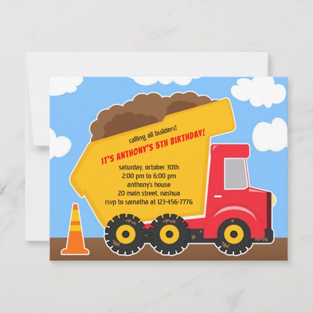 Dump Truck Constructions Birthday Invitation (Front)