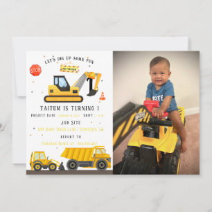 Dump Truck & Digger   Kids Construction Birthday  Invitation