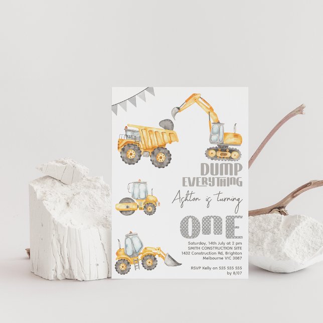 Dump Truck Everything Construction 1st Birthday Invitation (Dump everything 1st birthday invitation, Construction 1st birthday invitation, Construction party)