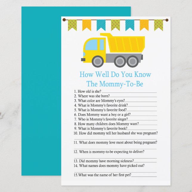 Dump truck how well do you know baby shower game (Front/Back)