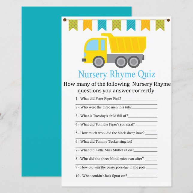 Dump truck Nursery Rhyme Quiz baby shower game (Front/Back)