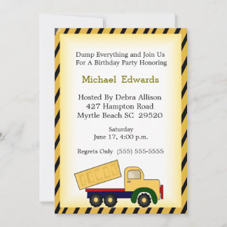 Dump Truck Theme Birthday Party Invitation