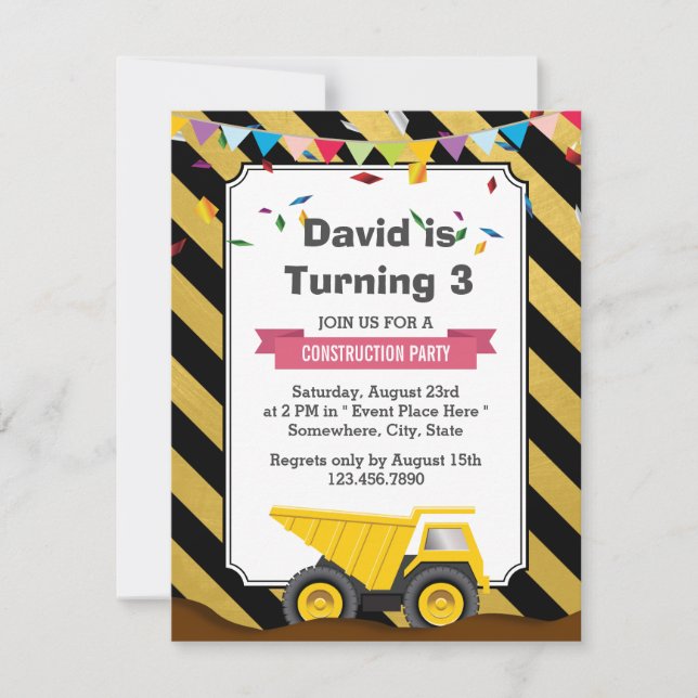 Dump Truck Under Construction Birthday Party Invitation (Front)