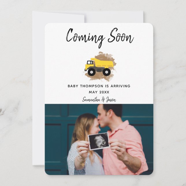 Dump Truck Watercolor Mud Baby Boy Gender Reveal Invitation (Front)