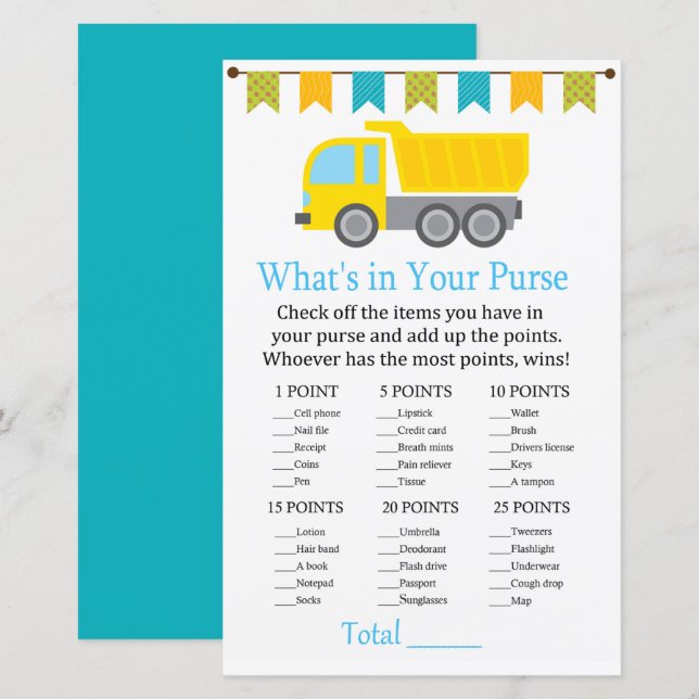 Dump truck What's in your purse game baby shower (Front/Back)