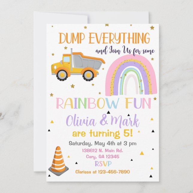 Dump trucks & rainbow siblings invitation. invitation (Front)