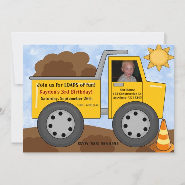 Dumptruck Kids Photo Birthday Invitation (Front)