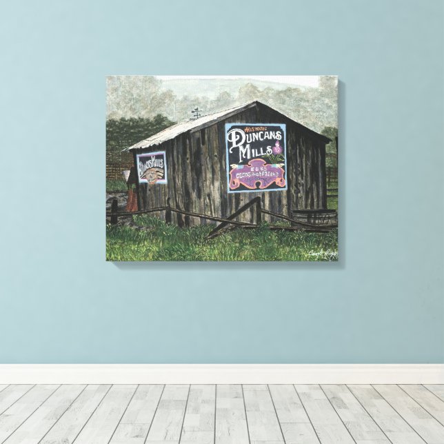 Duncans Mills, Old Barn Watercolor Canvas Print (Insitu(Wood Floor))