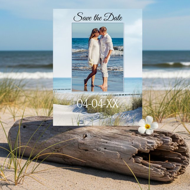 Dunes and Beach Photo Save the Date Postcard (Save the Date postcard featuring your photo framed by an image of dunes overlooking a beach )