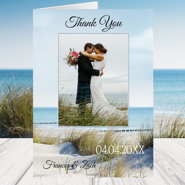 Dunes and Beach Wedding Photo Thank You Note Card (Wedding Thank You note card featuring your own wedding photo framed by dunes overlooking a beach)