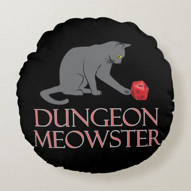 Dungeon Meowster Funny RPG Cat with Dice Round Cushion (Front)