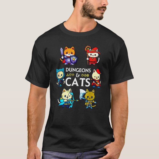 Dungeons and Cats RPG D20 Dice Nerdy Fantasy Gamer T-Shirt (Front)