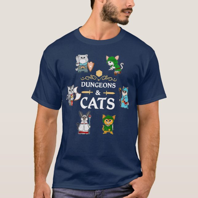 Dungeons and Cats RPG D20 Fantasy Roleplaying T-Shirt (Front)