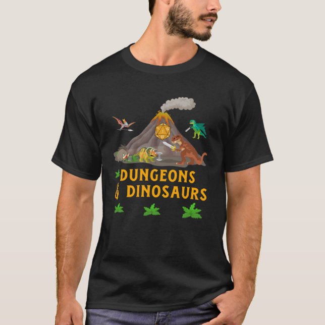 Dungeons + Dinosaurs Role Playing  Tabletop Fantas T-Shirt (Front)