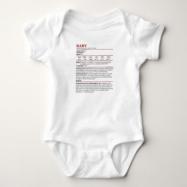 Dungeons & Dragons Baby Stat Block Bodysuit (Front)