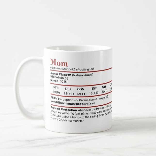 Dungeons & Dragons Mum Stat Block Coffee Mug (Left)