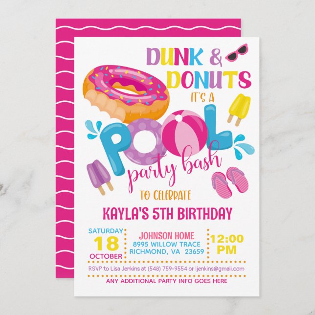 Dunk & Doughnuts Pool Party Invitation (Front/Back)