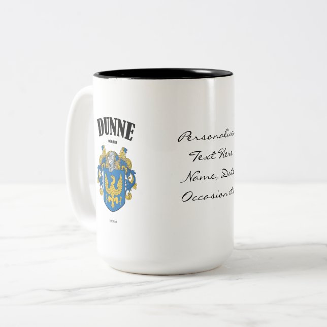 Dunne Family Crest, Translation & Meaning Two-Tone Coffee Mug (Front Left)