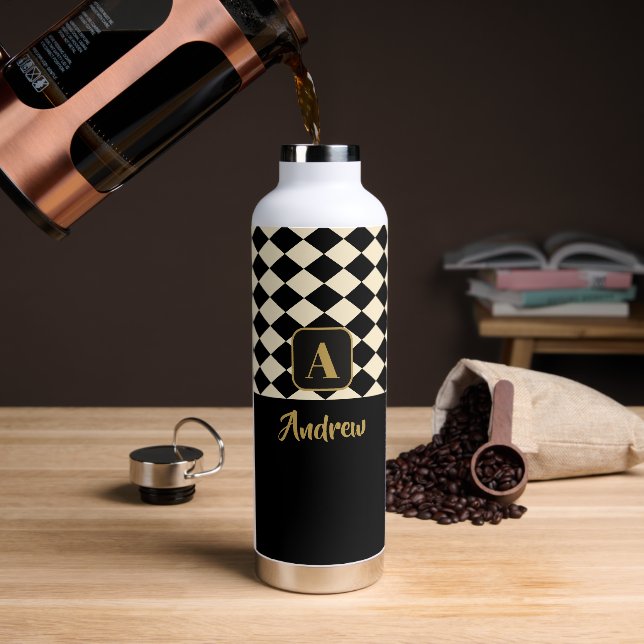 Duo Black & Ivory Cream Custom Names Water Bottle (Coffee)
