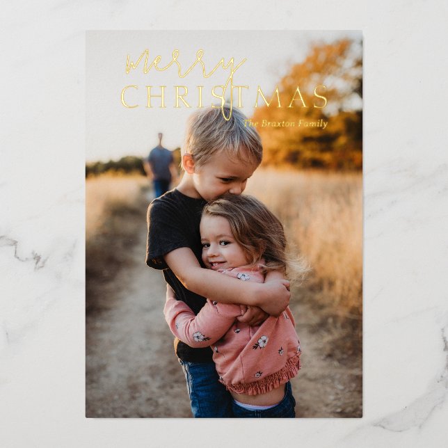 Duo Font Simple Photo Modern Christmas Foil Holiday Card (Front)