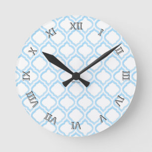 Duo-tone Moroccan Trellis (Blue) (Monogram) Round Clock