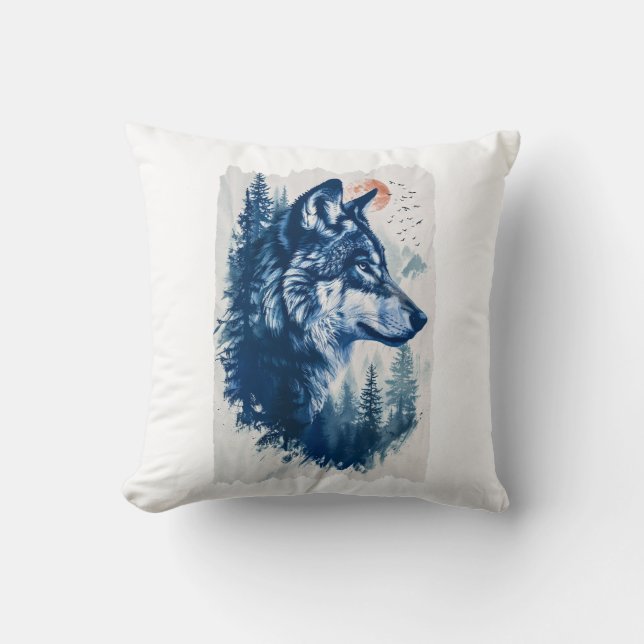 Duo Tone Wolf Illustration Cushion (Front)