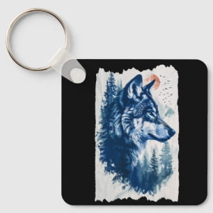 Duo Tone Wolf Illustration Key Ring