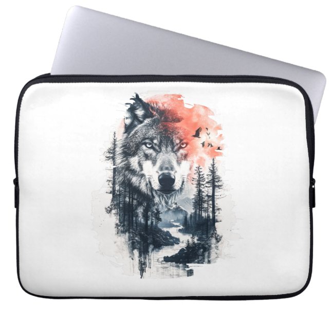 Duo Tone Wolf Illustration Laptop Sleeve (Front)