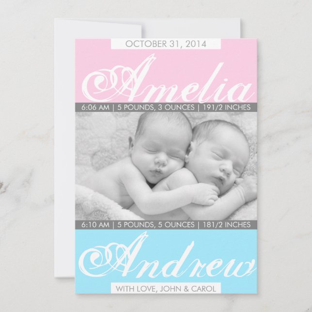 Duo Tones, Twin Birth Announcement (Front)