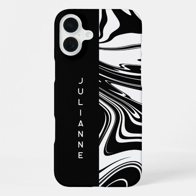 Duotone Black White Block and Swirl Add Name iPhone Case (Back)