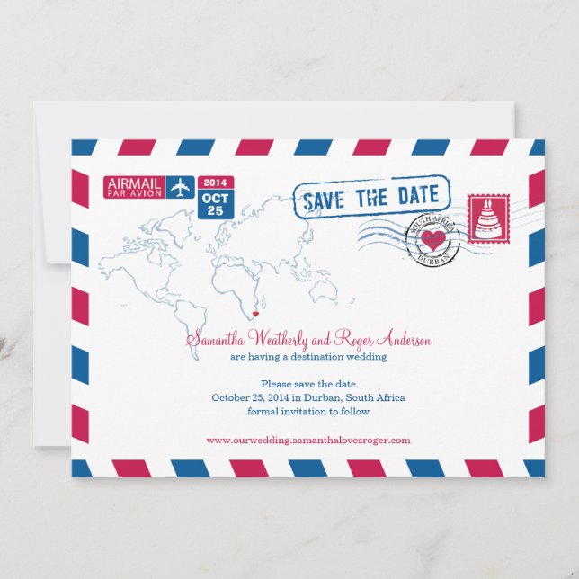 Durban South Africa Airmail Wedding Save The Date (Front)