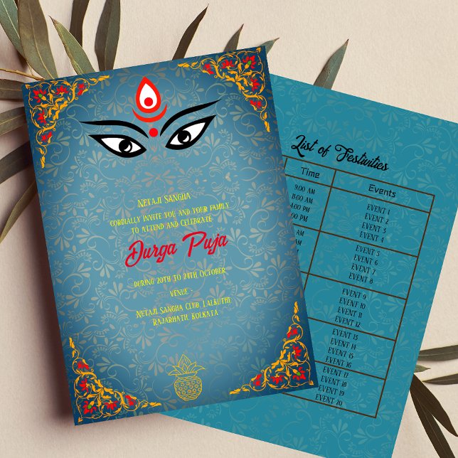 Durga Puja Navratri Bengali Teal Golden Event List Invitation (Creator Uploaded)