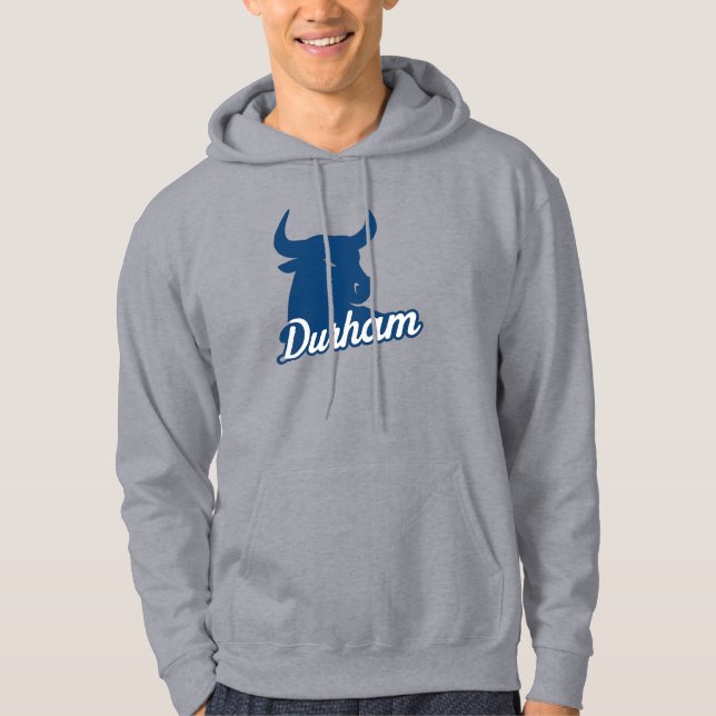 Durham Bull Head Logo – Bold Blue Script City Hoodie (Front)