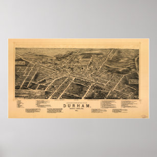 Durham N. Carolina 1891 Antique Panoramic Map Poster