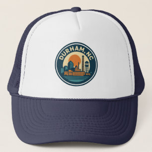 Durham, NC Retro Skyline Badge – Vintage Mill Town Trucker Hat