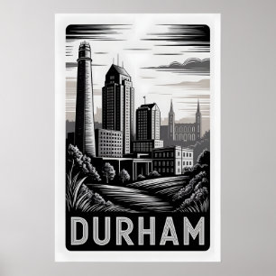 Durham North Carolina Black White Woodcut Poster