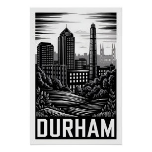 Durham North Carolina Black White Woodcut Poster