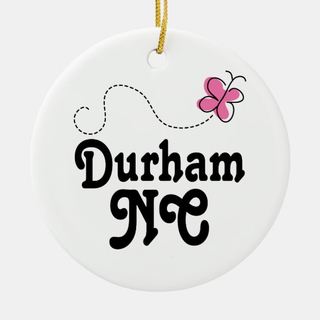Durham North Carolina Pink Butterfly Ceramic Tree Decoration (Front)
